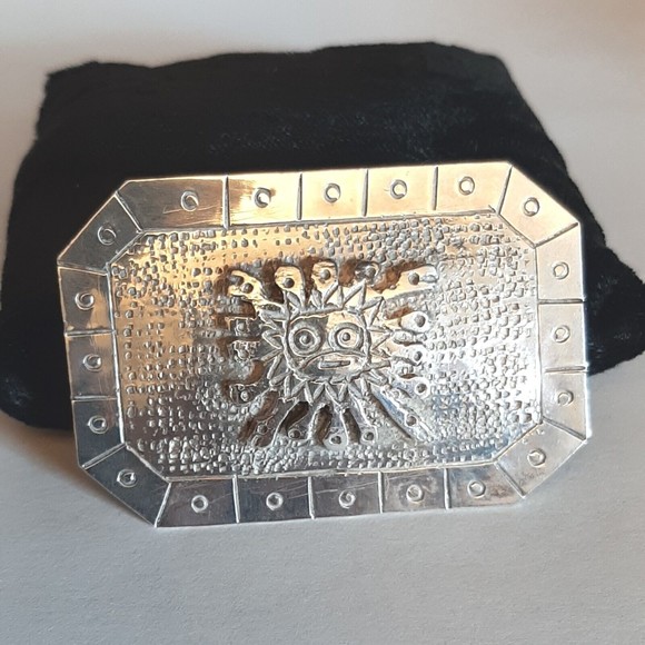 Vintage Industria Peruana 900 Sterling Silver Square Pin Brooch Sun Tonatiuh - Picture 1 of 8